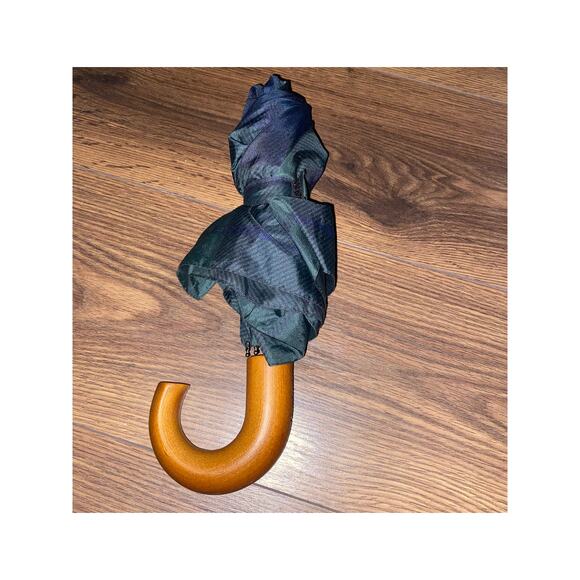 EUC Barbour Tartan Compact Umbrella | Green Blue Plaid w/ Wood curved Handle - Picture 9 of 10